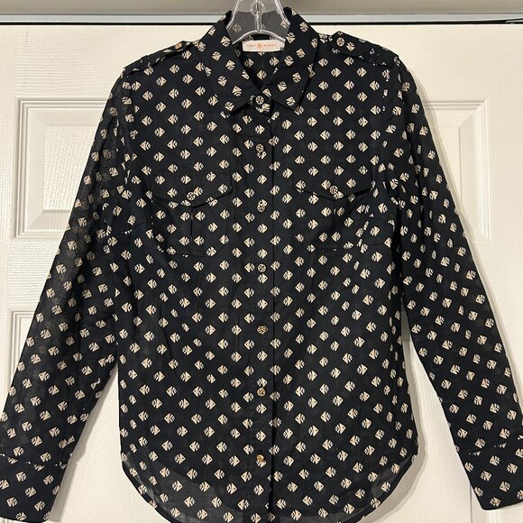TORY BURCH Sz 6 Black Kingfish Print Long Sleeve Utility Shirt Top - Picture 1 of 9